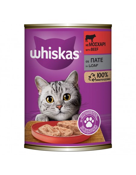 WHISKAS® Adult Πλήρης Υγρή Τροφή Γάτας Μοσχάρι Πατέ σε Κονσέρβα 400g