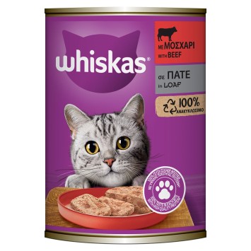 WHISKAS® Adult Πλήρης Υγρή Τροφή Γάτας Μοσχάρι Πατέ σε Κονσέρβα 400g