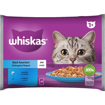 WHISKAS® Φακελάκι Adult Πλήρης Υγρή Τροφή Γάτας Επιλεγμένα Ψαρικά σε Ζελέ 4x85g