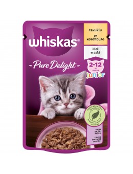 WHISKAS® PURE DELIGHT Junior Πλήρης Υγρή Τροφή για Γατάκια Κοτόπουλο σε Ζελέ Φακελάκι 85g